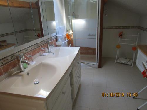 維亞斯的住宿－les palmiers，一间带两个盥洗盆和淋浴的浴室