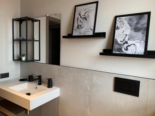a bathroom with a sink and a mirror at La Favola Apartment Orbassano in Orbassano