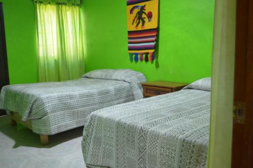 a green room with two beds and a painting on the wall at Vicalis Hotel, Villas y Glamping in San Sebastian Xolalpa