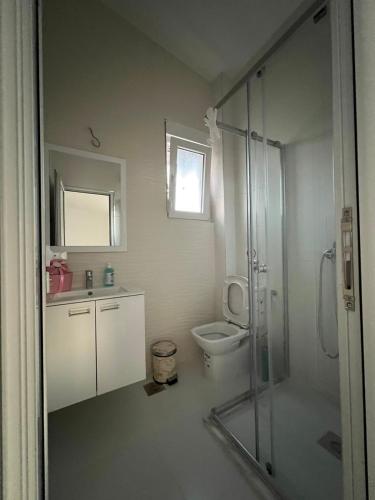 a bathroom with a shower and a toilet and a sink at Relax Apartmani in Sutomore