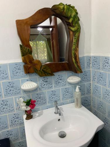 a bathroom with a sink and a mirror at Cabinas Tito in Cahuita