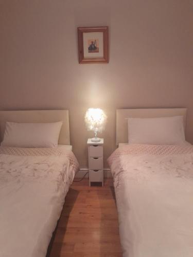 a bedroom with two beds and a lamp on a night stand at Mels accomodation in Letterkenny