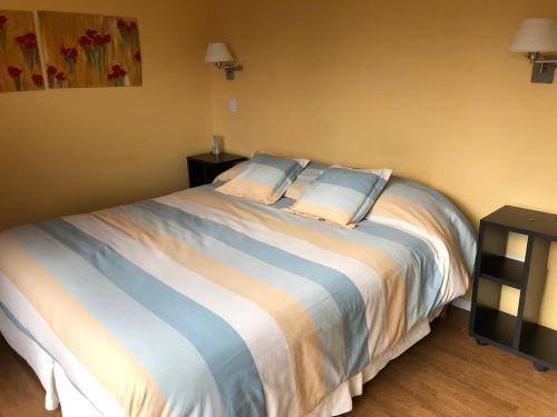 Apartments Seeblick Bariloche في سان كارلوس دي باريلوتشي: غرفة نوم بسرير كبير مع وسادتين