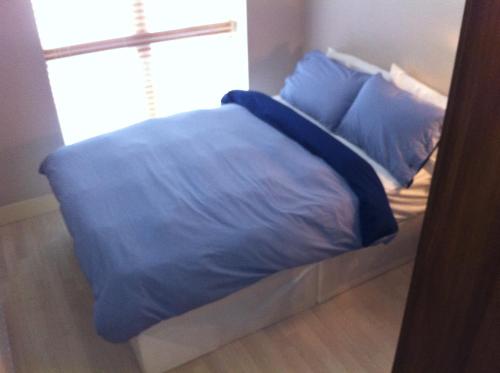 a bed with blue sheets and pillows in a room at Beautiful apartment central location in Dublin