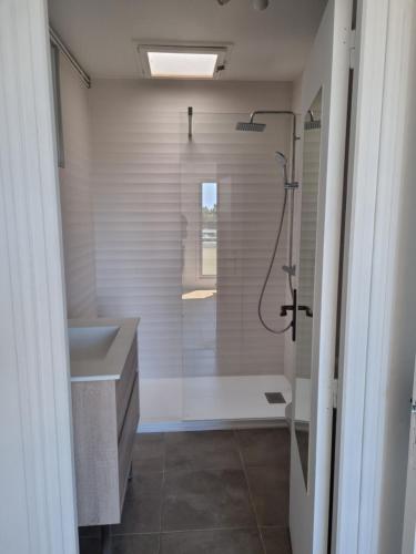 a bathroom with a shower and a sink at Lion Beach in Lion-sur-Mer