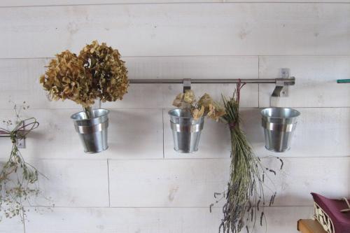 cuatro cubos de metal en una pared con plantas en Chambre d'Hôte à Douarnenez en Douarnenez