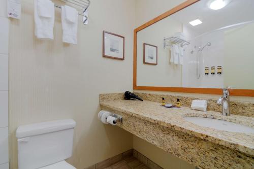 a bathroom with a sink and a toilet and a mirror at Best Western PLUS Chemainus Inn in Chemainus