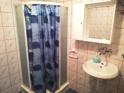 y baño con cortina de ducha y lavamanos. en Apartments by the sea Cove Zarace - Gdinj, Hvar - 4596 en Gdinj