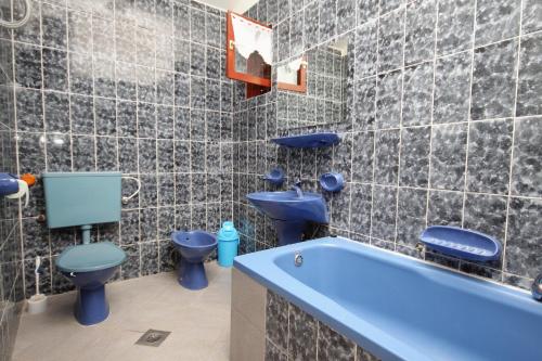 łazienka z 2 niebieskimi toaletami i wanną w obiekcie Apartments by the sea Vrsi - Mulo, Zadar - 5791 w mieście Vrsi