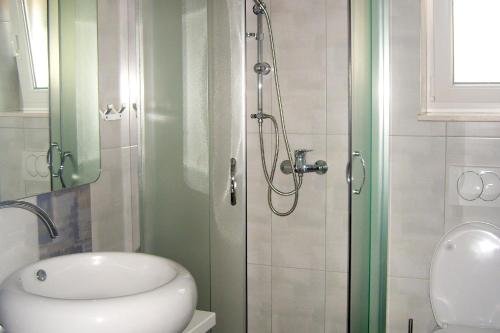 a bathroom with a shower with a sink and a toilet at Apartments by the sea Mudri Dolac, Hvar - 5694 in Vrboska