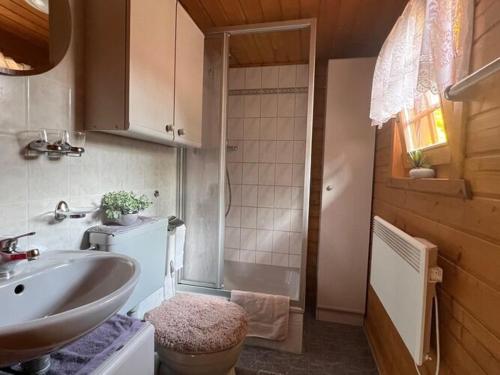 a bathroom with a sink and a toilet and a sink at Serene Holiday Home in K gsdorf with Sea View in Kägsdorf