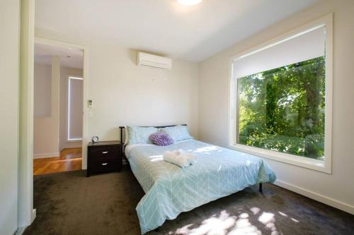 een slaapkamer met een bed met een knuffeldier erop bij Splendour on Sackville in Albury