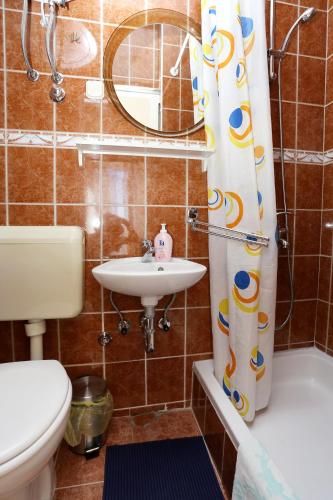 a bathroom with a sink and a toilet and a mirror at Apartments by the sea Trstenik, Peljesac - 4570 in Trstenik