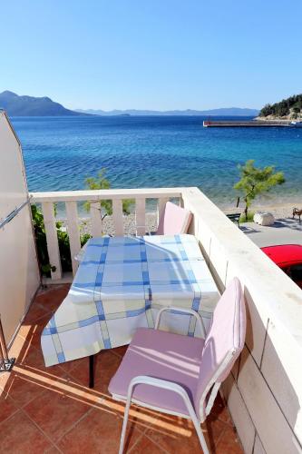 a balcony with a table and chairs and the ocean at Apartments by the sea Trstenik, Peljesac - 4570 in Trstenik