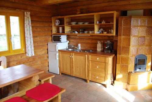 a kitchen in a log cabin with a sink and a stove at Boróka Apartmanházak - Gerenda Ház in Velem