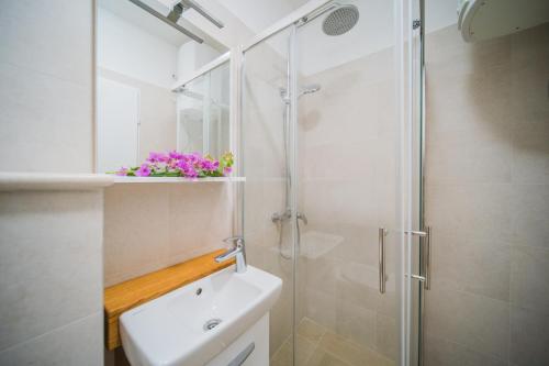 a bathroom with a shower and a sink and a toilet at Apartment Lumbarda 4446b in Lumbarda