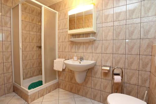 a bathroom with a sink and a toilet and a shower at Apartments by the sea Lumbarda, Korcula - 4442 in Lumbarda