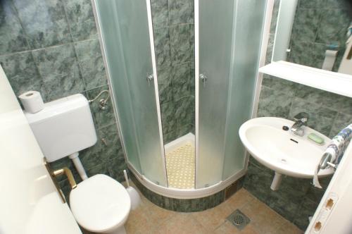 uma casa de banho com um chuveiro, um WC e um lavatório. em Apartments by the sea Trpanj, Peljesac - 4549 em Trpanj