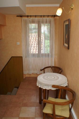 a dining room with a table and chairs and a window at Apartments by the sea Trstenik, Peljesac - 4511 in Trstenik