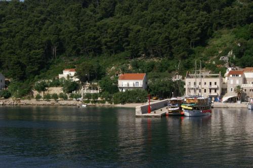 two boats docked at a dock in a body of water at Studio Trstenik 4566b in Trstenik