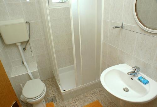 La salle de bains est pourvue de toilettes, d'une douche et d'un lavabo. dans l'établissement Studio Zuljana 4576b, à Žuljana