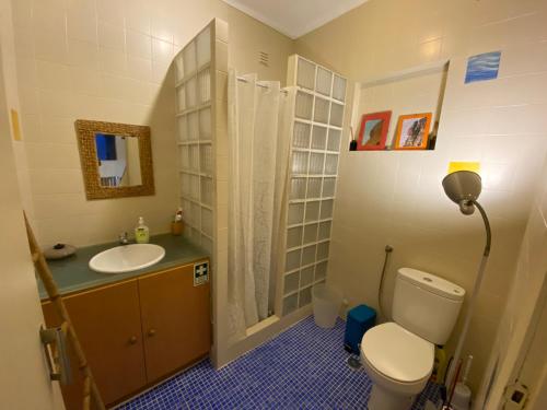 een badkamer met een toilet, een wastafel en een douche bij Casa do Búzio Cosy Apartment next to the Beach in Lourinhã
