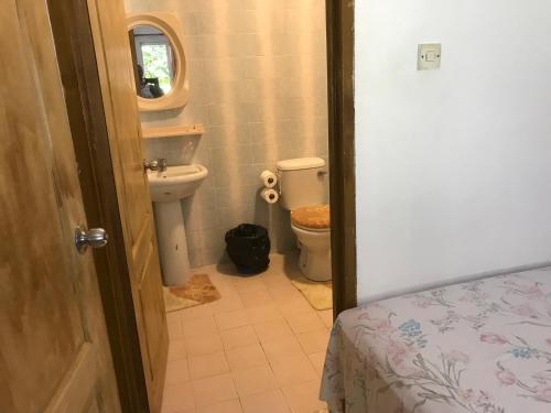 uma casa de banho com um WC e um lavatório em A&D Holiday Home em Baie Sainte Anne