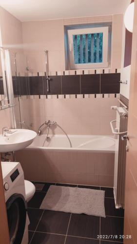 a bathroom with a bath tub and a sink at city center park view appartment in Maribor