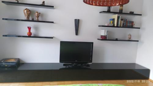 a living room with a tv and shelves on the wall at city center park view appartment in Maribor