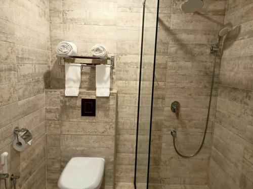 a bathroom with a shower with a toilet and towels at Grand Tourist Hotel in Muscat