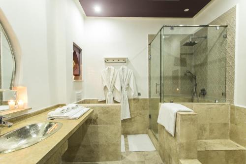 y baño con ducha acristalada y lavamanos. en the bird, en Marrakech