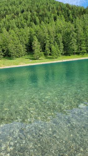 a large body of water with trees in the background at Chalet calme in Saint-Léger-les-Mélèzes