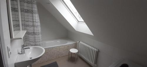 a bathroom with a sink and a bath tub with a window at Ferienwohnung Reitanlage Bärenz in Selk