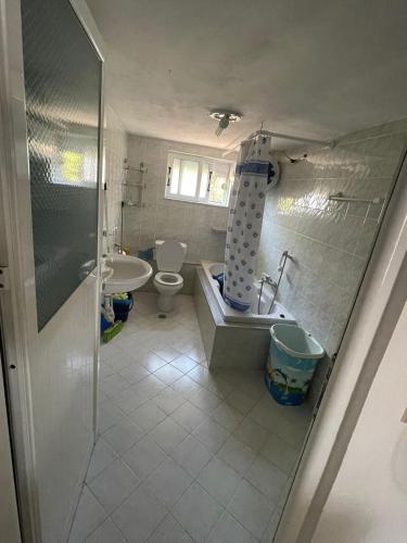 a bathroom with a shower and a toilet and a sink at Apartamente Gleni in Sarandë