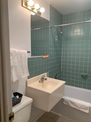 a bathroom with a sink and a shower and a toilet at Monticello Inn - Monticello, Indiana in Monticello