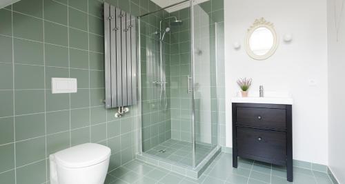 a bathroom with a shower with a toilet and a sink at Old Charm Reykjavik Apartments in Reykjavík