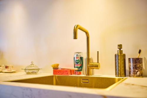 a kitchen sink with a gold faucet at Studio next to Skinny Bridge near Rembrandtsquare in Amsterdam