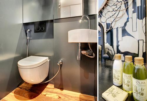 - deux photos d'une salle de bains avec toilettes et lavabo dans l'établissement BLUE RIVIERA TERRACE CENTRAL TRAIN STATION, à Nice