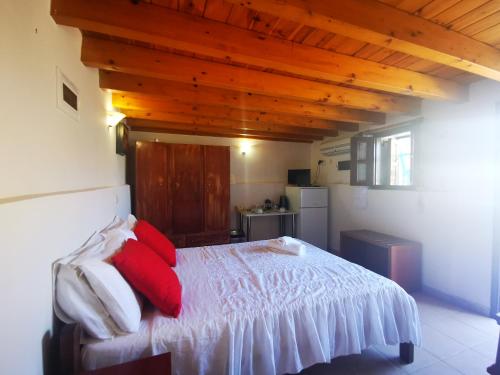 a bedroom with a bed with red and white pillows at Kalypso apartment in Halki