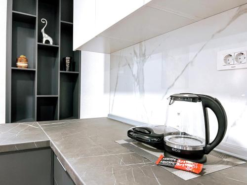 a black blender on a counter in a kitchen at Luxury apartment Struga in Struga
