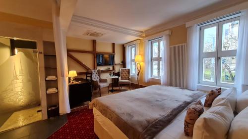 ein Schlafzimmer mit einem Bett und einem Schreibtisch in einem Zimmer in der Unterkunft Hotel Domizil in Erfurt