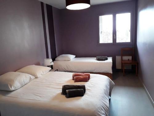 two beds in a room with two large beds at GRAND Appart 46m² en ville à 10 mn de la plage in Cabourg