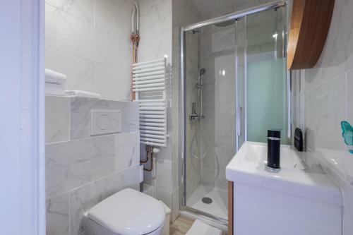 e bagno con doccia, servizi igienici e lavandino. di HONORÊ SUITE SAINT ANTOINE a Lione