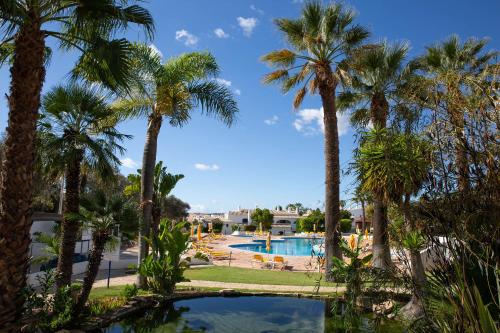 a pool with palm trees in a resort at Altoclub Alvor Wohnung mit fantastischem Ausblick in Portimão