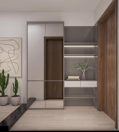 a room with a glass shelf and a door at Cat Ba Seoul 2 Hotel & Apartment in Cat Ba