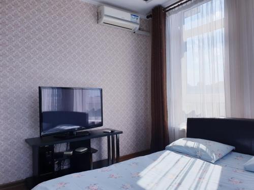 - une chambre avec un lit, une télévision et une fenêtre dans l'établissement Plaza Apartments, à Bishkek