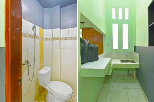 two pictures of a bathroom with a toilet and a sink at Super OYO 91495 Hotel Indah Residence in Denpasar