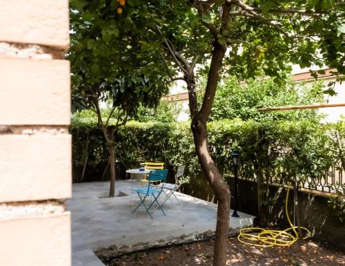 um pátio com uma cadeira azul, uma mesa e árvores em Home 42 B&B em Terracina