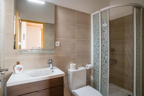 a bathroom with a toilet and a sink and a shower at Pension Herman in Rudník
