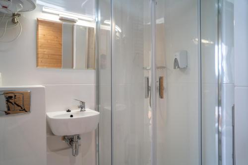 ein weißes Bad mit einem Waschbecken und einer Dusche in der Unterkunft Arche Siedlisko Typin 140 in Tomaszów Lubelski